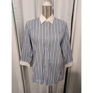 Lauren Ralph Lauren Women's Blue Striped Button Up Shirt Preppy Office Large